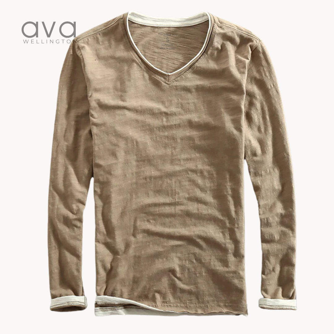 VELL™ - Cotton Long Sleeve V-Neck Shirt