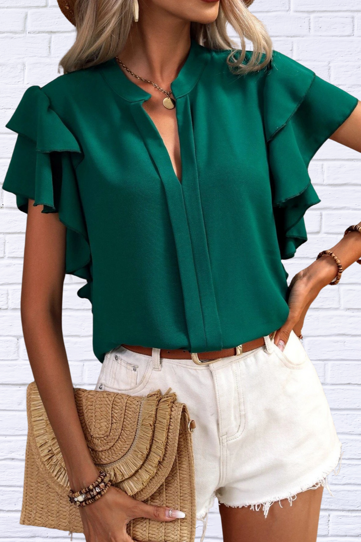 Luna | Ruffled Notched Short Sleeve Blouse