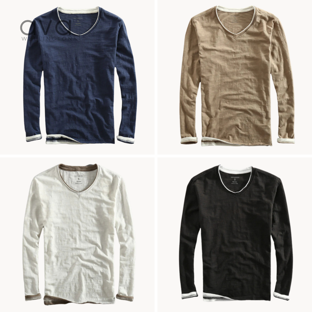 VELL™ - Cotton Long Sleeve V-Neck Shirt