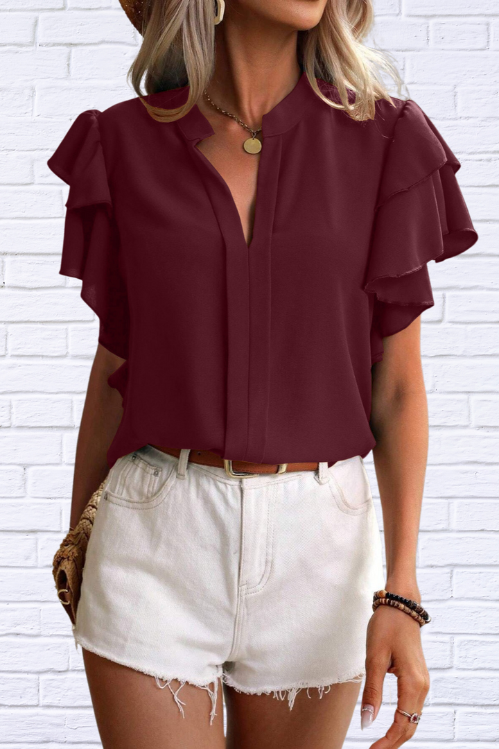 Luna | Ruffled Notched Short Sleeve Blouse