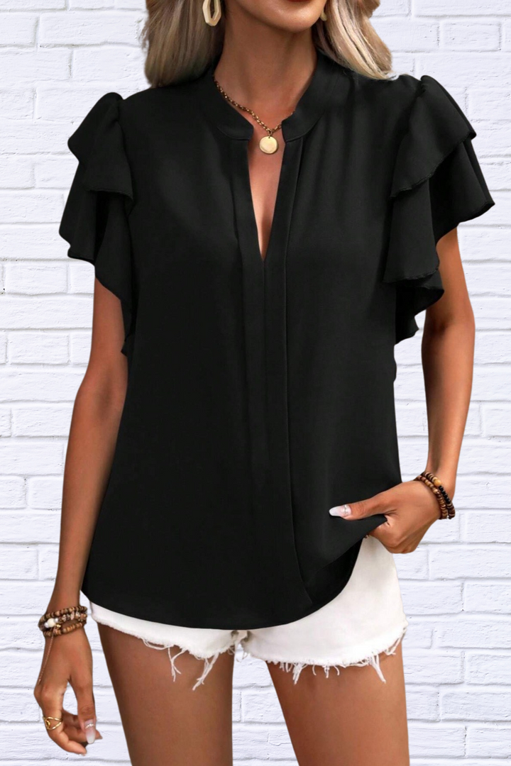 Luna | Ruffled Notched Short Sleeve Blouse