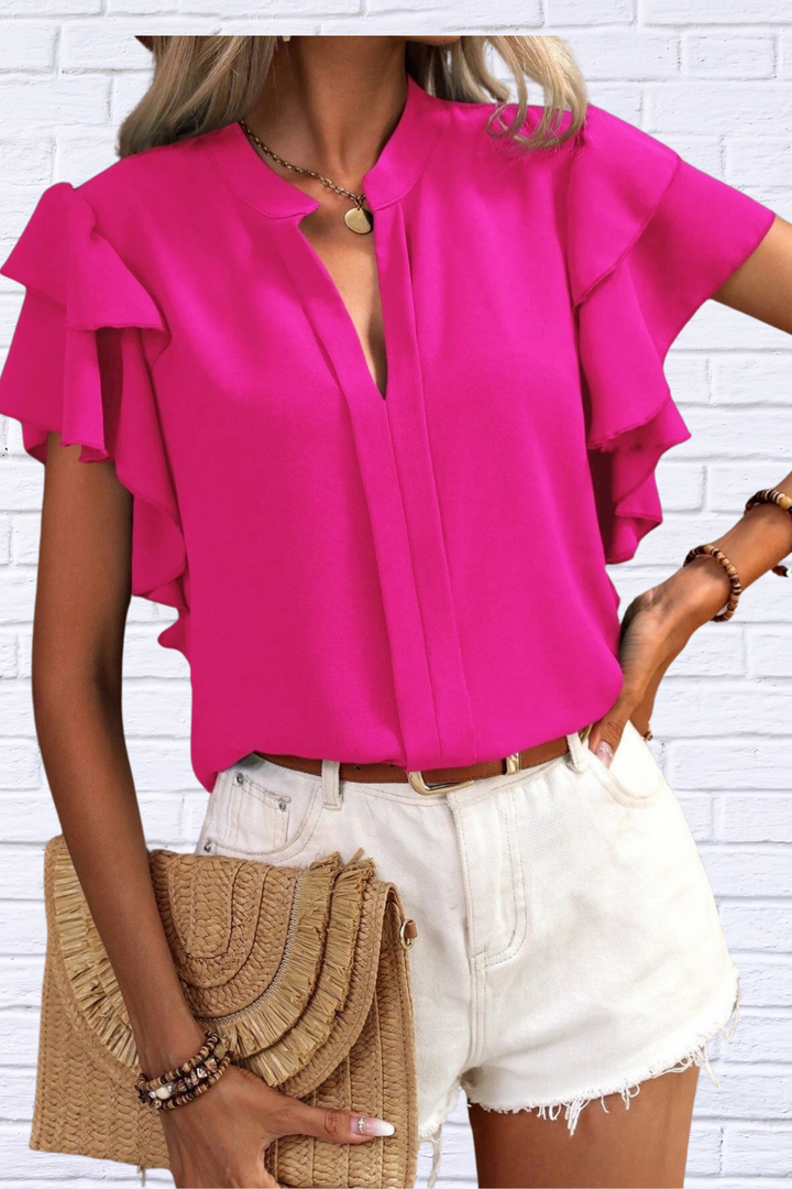 Luna | Ruffled Notched Short Sleeve Blouse