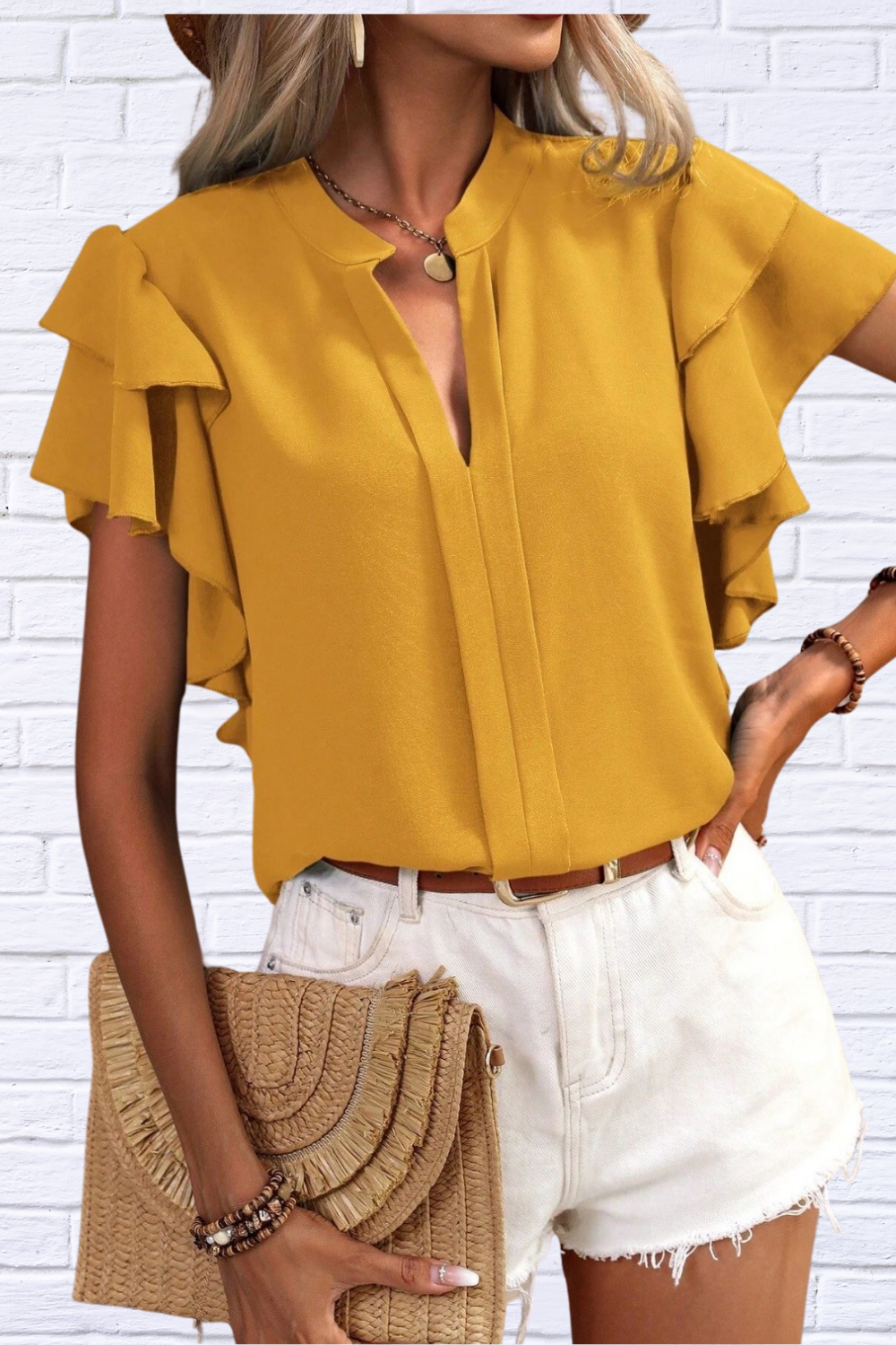 Luna | Ruffled Notched Short Sleeve Blouse