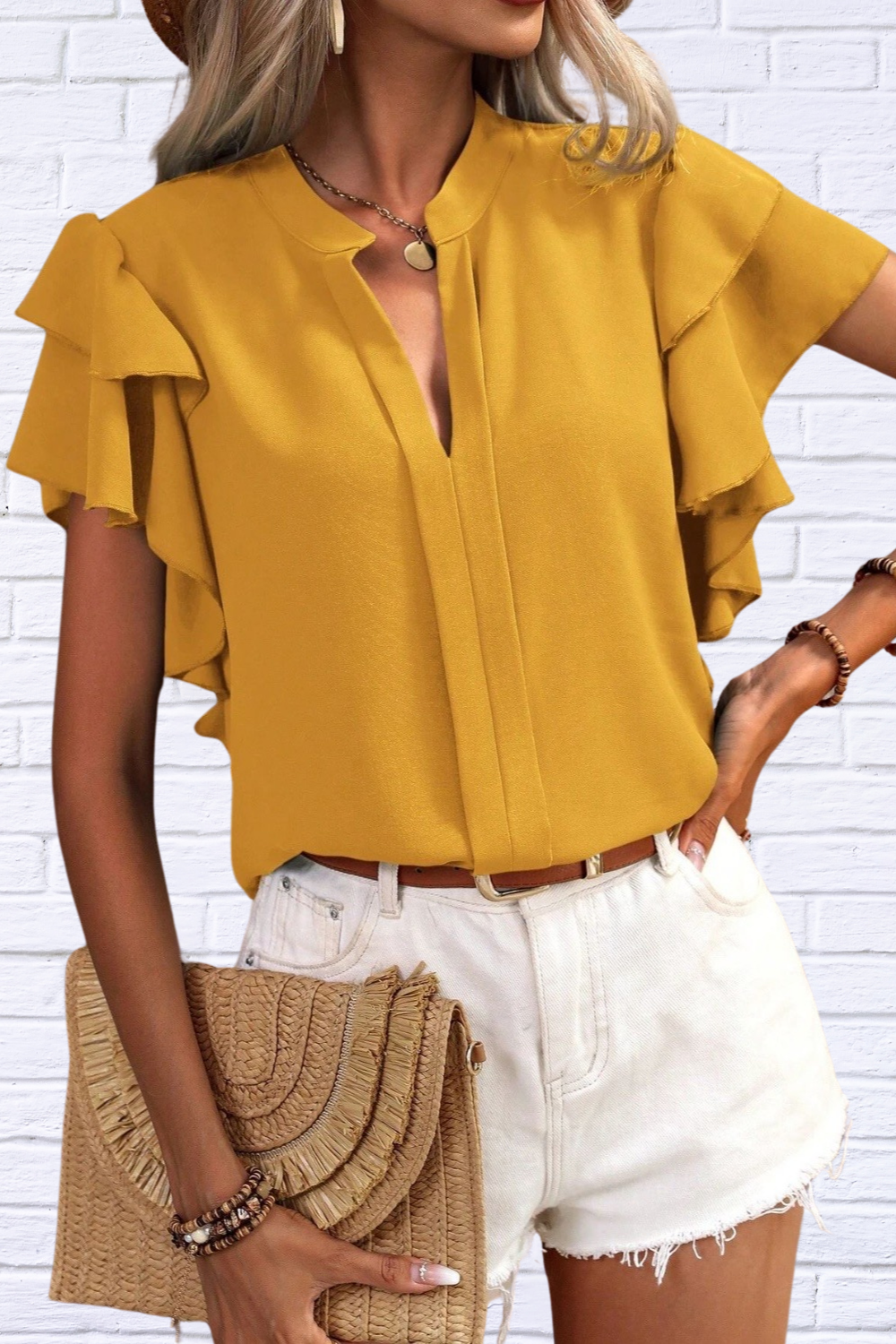 Luna | Ruffled Notched Short Sleeve Blouse