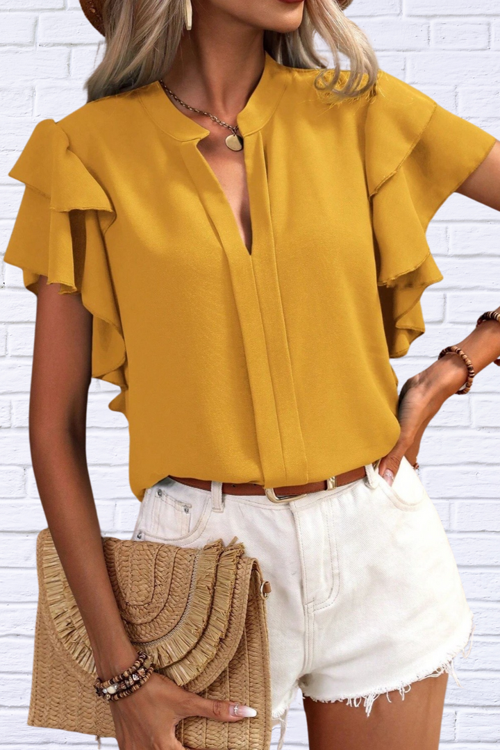 Luna | Ruffled Notched Short Sleeve Blouse