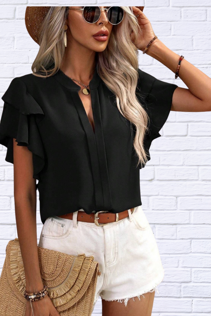 Luna | Ruffled Notched Short Sleeve Blouse